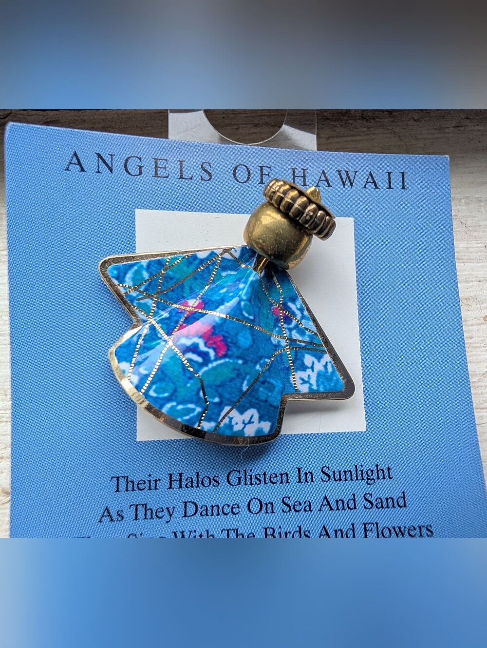 Angels of Hawaii Vintage 90s Collectible Blue Floral Lapel Pin Brooch Card Poem
